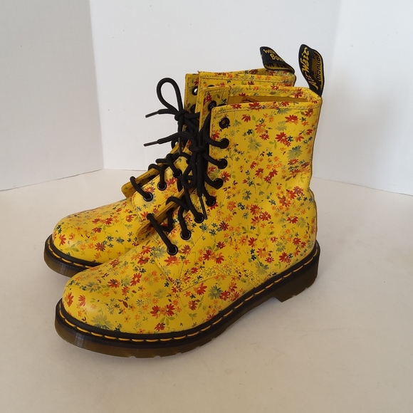 Women's Dr Martens 1460 genuine leather yellow floral combat boots - Picture 3 of 16
